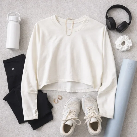 Lululemon | White Cropped Long Sleeve Top | Thumbholes | Size 6 (Est.) - Picture 2 of 5